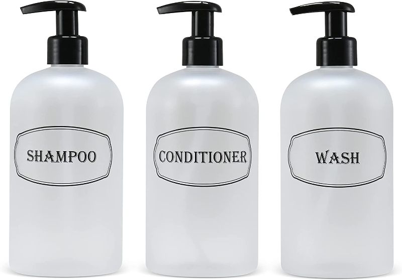 Photo 1 of Bottiful Home-16 oz Frosted Shampoo, Conditioner, Wash Shower Soap Dispensers-3 Refillable Empty PET Plastic Pump Bottle Shower Containers-Printed Design-Waterproof, Rust-Free, Clog-Free, Drip-Free
