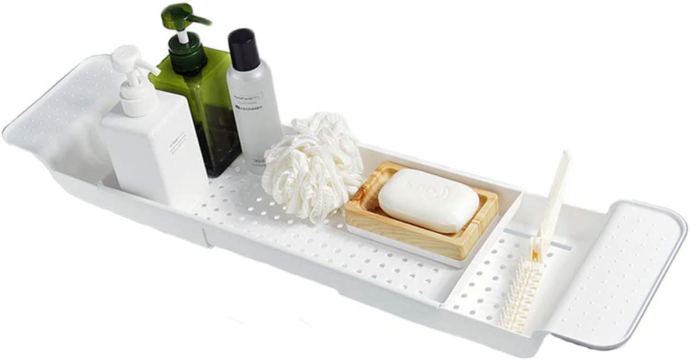 Photo 1 of BlueSpace Bathtub Tray Caddy Plastic Shower Organizer Trays with Extending Sides Bath Kitchen Shelf (White)
