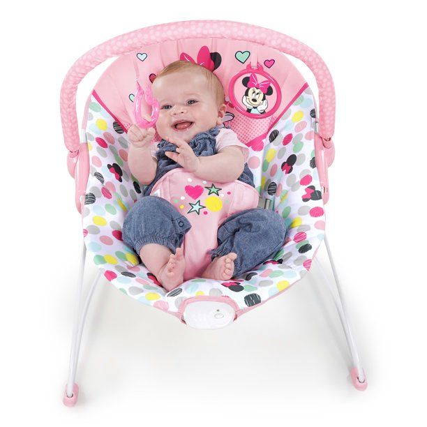 Photo 1 of Bright Starts Disney Baby Minnie Mouse Vibrating Baby Bouncer with Toy Bar- Spotty Dotty, Newborn +
