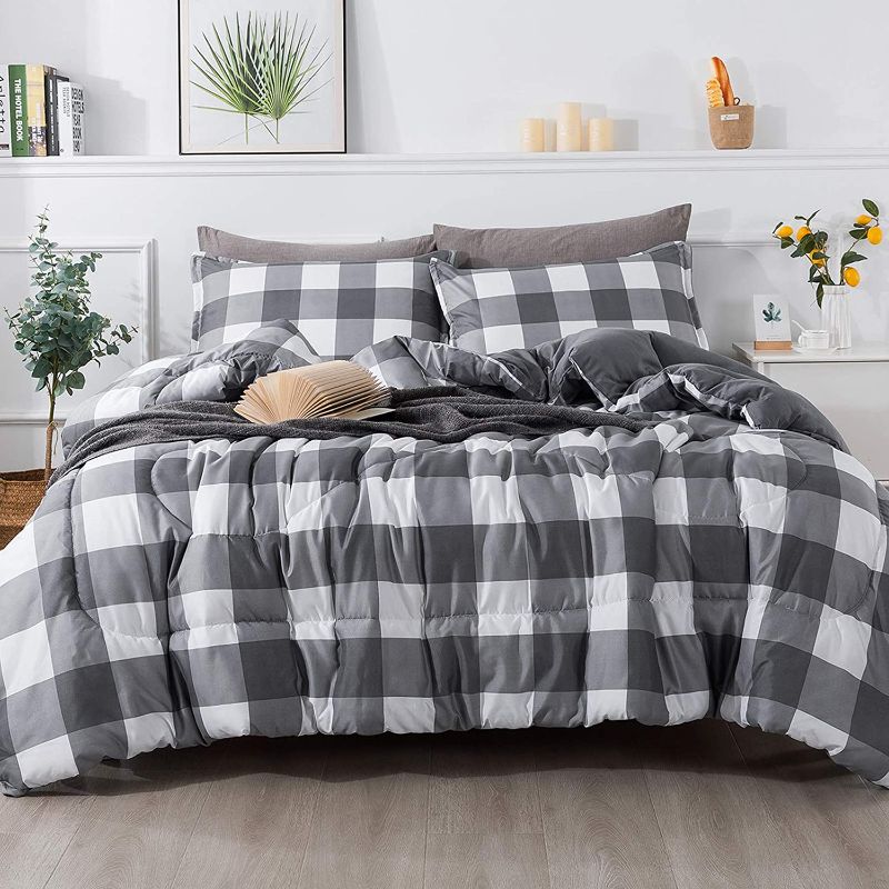 Photo 1 of Andency Light Gray Plaid Comforter King(104x90 Inch), 3 Pieces(1 Plaid Comforter and 2 Pillowcases) Buffalo Check Plaid Comforter Set, Geometric Checkered Comforter Bedding Set
