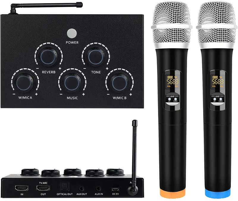 Photo 1 of Portable Karaoke Microphone Mixer System Set, with Dual UHF Wireless Mic, HDMI-ARC/Optical/AUX & HDMI In/Out in Singing Receiver for Smart TV, PC, KTV, Home Theater, Amplifier, Speaker
