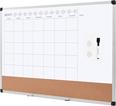 Photo 1 of Amazon Basics Monthly Calendar Whiteboard Dry Erase and Cork Board, Silver Aluminium Frame, 24 x 36 Inches
