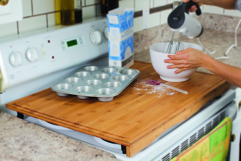 Photo 1 of Camco Bamboo Cutting Board Stove Cover, 4 Burner, Brown
