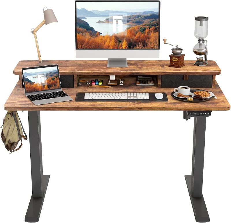 Photo 1 of FEZIBO Height Adjustable Electric Standing desk with Double Drawer, 48 x 24 Inch Table with Storage Shelf, Sit Stand Desk with Splice Board, Black Frame/Rustic Brown Top, 48 inch
