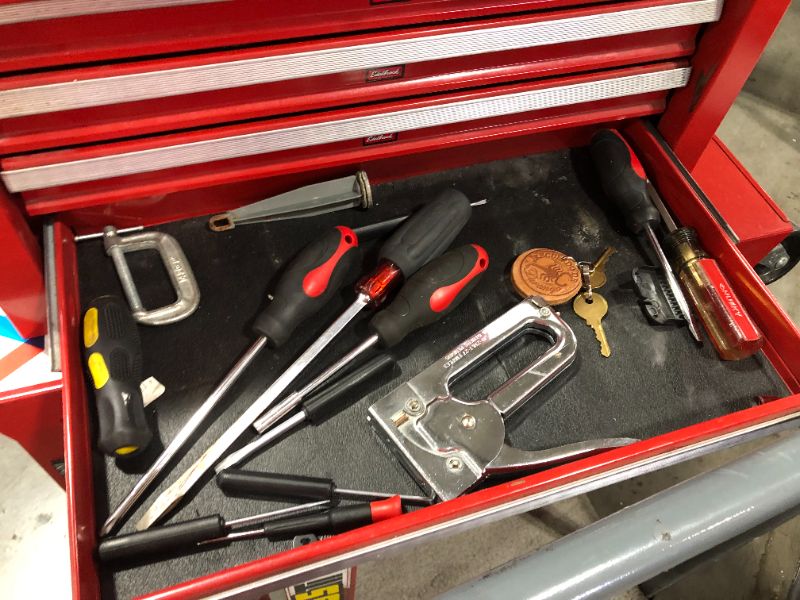 Photo 3 of 2 PC RED TOOLBOX SET WITH PREOWNED TOOLS AND MERCHANDISE, SOLD AS IS WITH ITEMS PICTURED