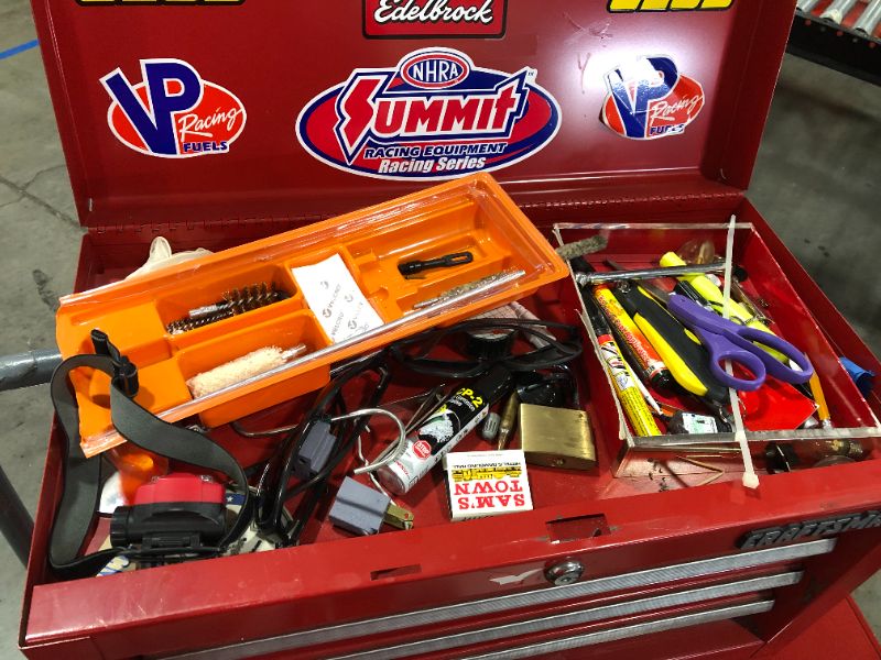 Photo 7 of 2 PC RED TOOLBOX SET WITH PREOWNED TOOLS AND MERCHANDISE, SOLD AS IS WITH ITEMS PICTURED