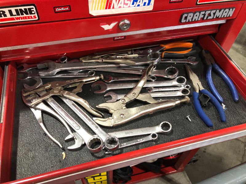 Photo 4 of 2 PC RED TOOLBOX SET WITH PREOWNED TOOLS AND MERCHANDISE, SOLD AS IS WITH ITEMS PICTURED
