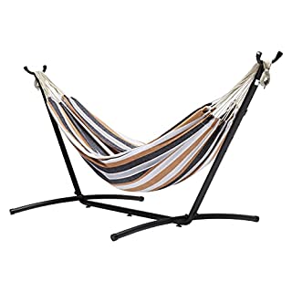Photo 1 of Amazon Basics Double Hammock with 9-Foot Space Saving Steel Stand and Carrying Case, Multi Color, 400 lb Capacity 