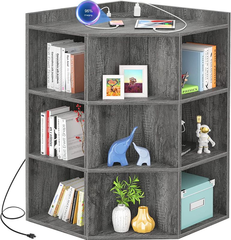 Photo 1 of Aheaplus Corner Cabinet, Corner Storage with USB Ports and Outlets, Corner Cube Toy Storage for Small Space, Wooden Corner Cubby Bookshelf with 9 Cubes for Playroom, Bedroom, Living Room, Grey Oak
