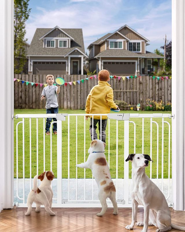 Photo 1 of Mom's Choice Awards Winner-Cumbor 29.5-57" Baby Gate for Stairs, Extra Wide Dog Gate for Doorways, Pressure Mounted Walk Through Safety Child Gate for Kids Toddler, Tall Pet Puppy Fence Gate, White
