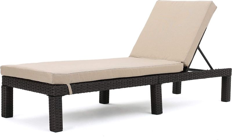 Photo 1 of Christopher Knight Home Puerta Outdoor Wicker Chaise Lounge with Water Resistant Cushion, Dark Brown / Beige
