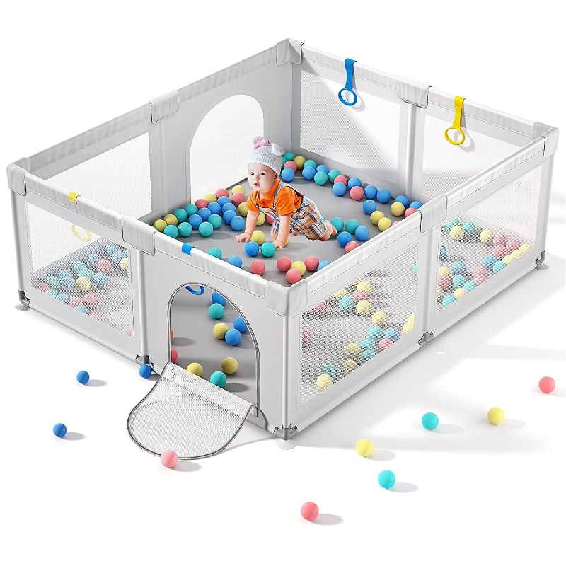 Photo 1 of Baby Playpen,Playpens for Baby Anti-Fall Playpen, Large Playpen for Toddlers, Cherrysea Kids Safety Play Center Yard with Gate Sturdy Baby Fence Play Area with 4 Pull Rings and 30Pcs Ocean Ball
