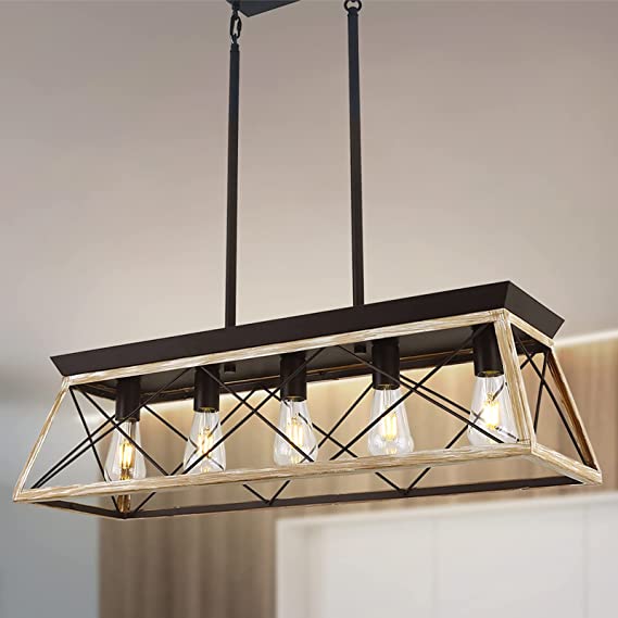 Photo 1 of 5-Light Kitchen Island Pendant Lighting, 31.5 inch Farmhouse Chandelier,Rustic Linear Lighting Fixtures Ceiling, Dining Room Light Fixtures with White & Wood Painting
