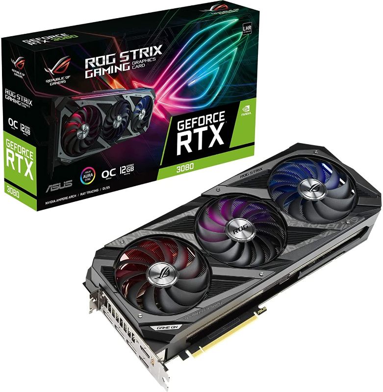 Photo 1 of ASUS ROG Strix NVIDIA GeForce RTX 3080 OC Edition Gaming Graphics Card (PCIe 4.0, 12GB GDDR6X, LHR, HDMI 2.1, DisplayPort 1.4a, Axial-tech Fan Design, 2.9-Slot, Super Alloy Power II, GPU Tweak II)
