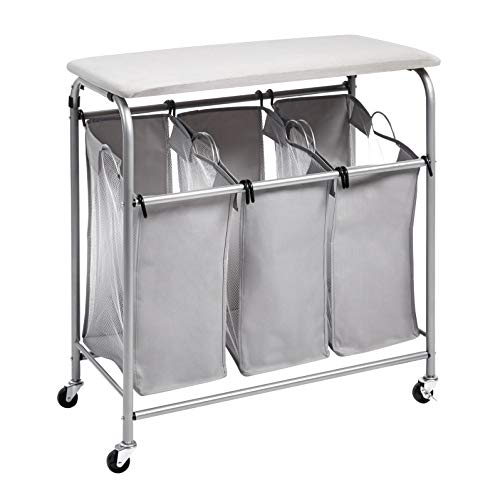 Photo 1 of Amazon Basics 3-Bag Laundry Sorter with Ironing Board Top, Grey
