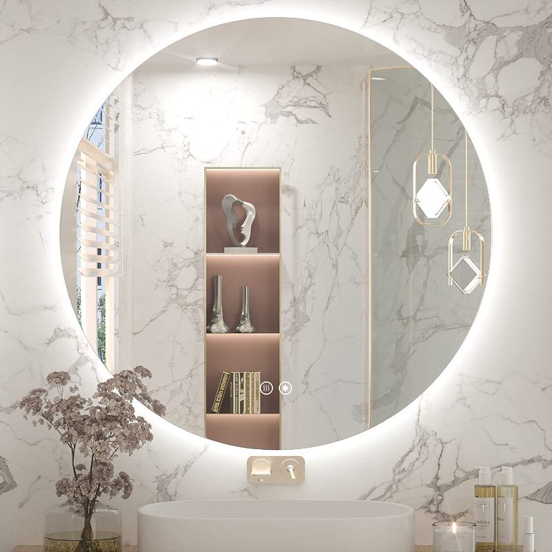 Photo 1 of TokeShimi LED Round Backlit Mirror 28 Inch Bathroom Vanity Mirror Dimmable Wall Mounted Makeup Mirror Large Anti-Fog Lighted Makeup Circle Mirror with Memory Function
