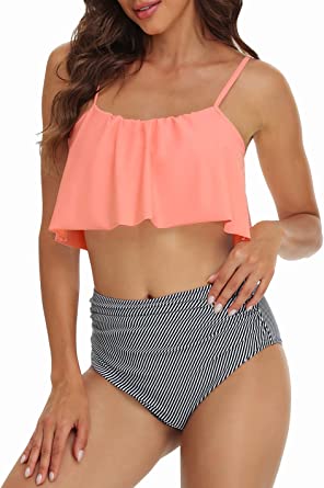 Photo 1 of Byoauo Womens Tankini Swimsuits Ruffle Flounce Top with High Waist Bikini Bottom Tummy Control Two Piece Bathing Suits
SIZE M