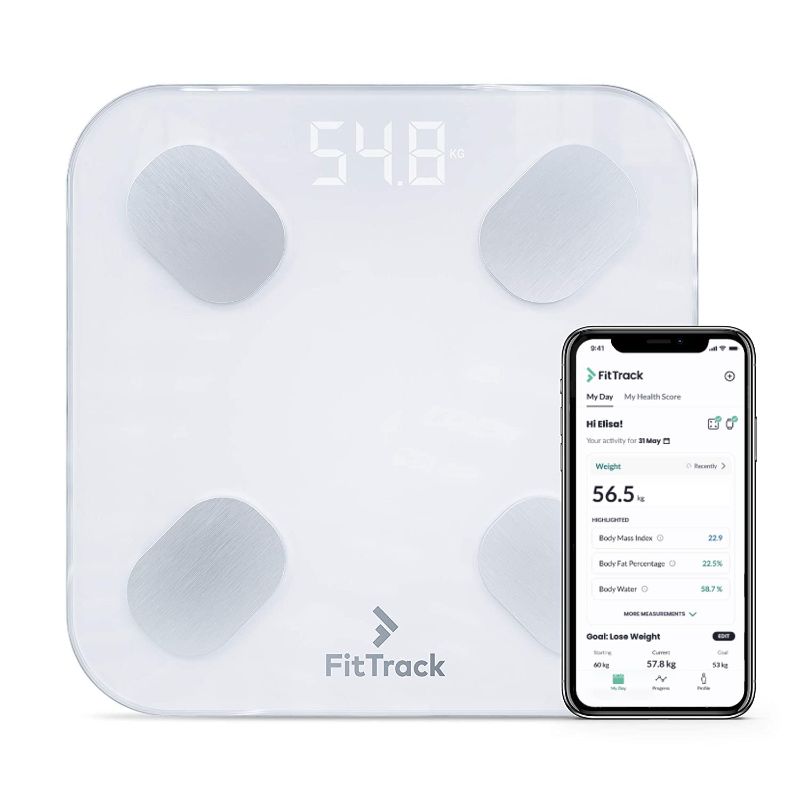 Photo 1 of FitTrack Dara Smart BMI Digital Scale - Measure Weight and Body Fat - Most Accurate Bluetooth Glass Bathroom Scale (White)
