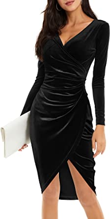 Photo 1 of HUHOT Womens Wrap V Neck Long Sleeve Split Wrap Velvet Elegant Bodycon Ruched Cocktail Party Midi Dress
SIZE M 