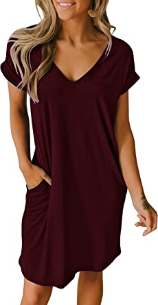 Photo 1 of BTFBM Women V-Neck Short Sleeve Dresses Solid Color Casual Loose Fit T-Shirt Tunic Short Dress Pajamas with Pockets
