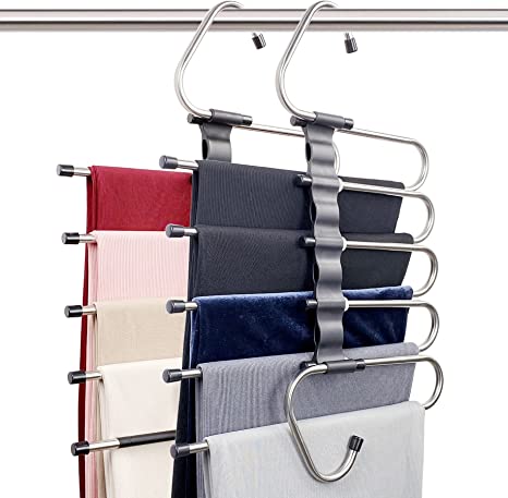 Photo 1 of Magic Pants Hangers Space Saving - 2 Pack for Closet Multiple Layers Multifunctional Uses Rack Organizer for Trousers Scarves Slack ( 2 Pack with 10 Metal Clips )
