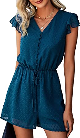 Photo 1 of BTFBM Women Fashion Wrap V-Neck Swiss Dot Print Soft Short Sleeve Elastic Waist Plain Summer Shorts Jumpsuit Romper
SIZE M 