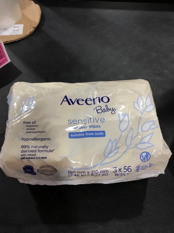 Photo 2 of Aveeno Baby Sensitive All Over Wipes with Aloe & Natural Oat Extract for Face, Bottom & Hands, pH-Balanced, Hypoallergenic, Fragrance-, Phthalate-, Alcohol- & Paraben-Free, 3 Pks of 56 ct
