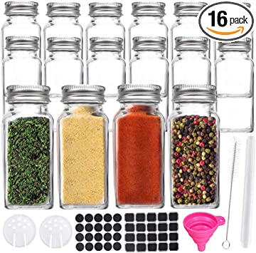 Photo 1 of 16 Pack 6 oz Glass Spice & Salts Jars Bottles, Clear Square Glass Seasoning Jars With Aluminum Silver Metal Caps and Pour/Sift Shaker Lid. 1 Pen,40 Black Labels and 1 Foldable Wide Funnel.
