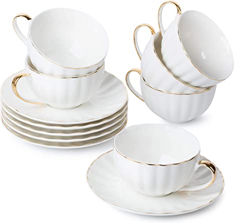 Photo 1 of BTaT- Tea Cups and Saucers Set of 6 (7oz) with Gold Trim and Gift Box, Cappuccino Cups, Espresso Cups, White Tea Cup Set, British Coffee Cups, Porcelain Tea Set, Cups with milk, espresso cup, white cup
