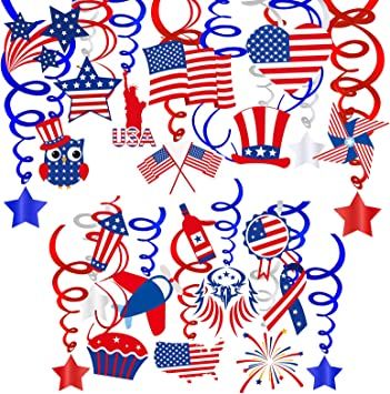 Photo 1 of 36 Pack Patriotic Hanging Swirl Decoration Patriotic Party Swirls Foil Swirl Steamers with Assorted Red White Blue American Flag Star Cutouts for 4th of July Independence Day Memorial Day Labor Day
