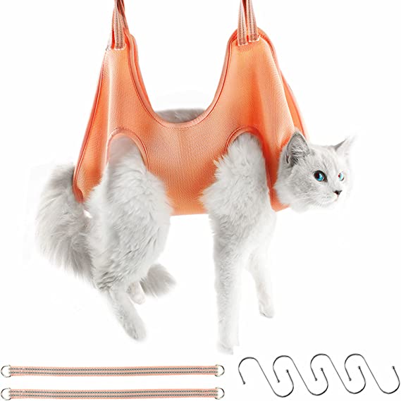 Photo 1 of Colleer Pet Hammock Grooming Hammock, Cat and Dog Groomer Helper Elastic Breathable Grooming Harness Hanging, Trim Fur, Nail File,Bathing, Ear and Eye Care(Orange-L)
