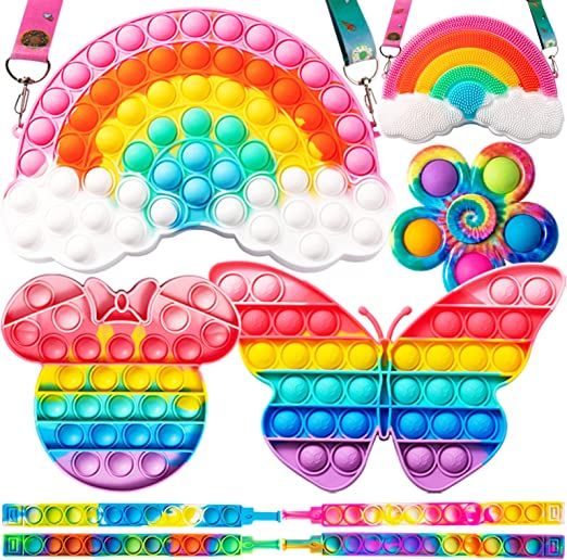 Photo 1 of Rainbow Pop Purse Bag Fidget Toys Set, Pop Fidget Bracelet Toys, Shoulder Bag Push Poping Bubble Silicone Sensory Toys Sets Fidget Spinners Box Easter Birthday Travel Best Gifts for Girls and Kids
