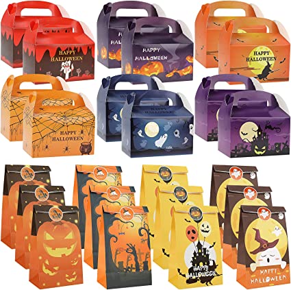 Photo 1 of 24PCS Halloween Cardboard Treat Boxes, Trick or Treat Kids Paper Gift Bags, Haunted House Gable Cookie Candy Boxes with Stickers Spider Witches Jack-o-Lantern for Halloween Party Favor Supplies
