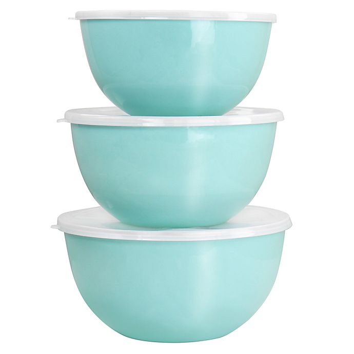 Photo 1 of  6 Piece Enamel  Bowl and Lid Set in Turquoise
