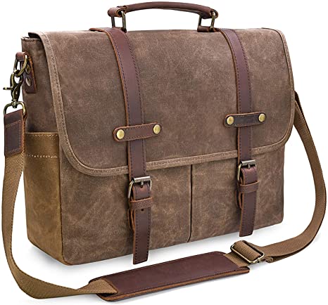 Photo 1 of Mens Messenger Bag 15.6 Inch Waterproof Vintage Genuine Leather Waxed Canvas Briefcase Large Satchel Shoulder Bag Rugged Leather Computer Laptop Bag, Brown
