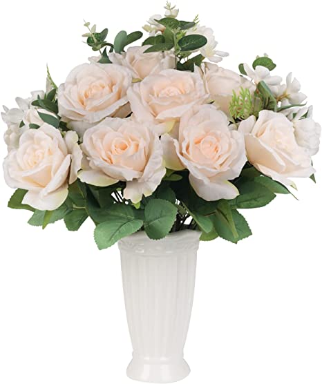 Photo 1 of Aojiul Fake Flowers with Vase, Silk Roses Artificial Flowers in Vase, Artificial Flowers Arrangement with Vase Suitable for Table Centerpieces Home Office Party Decoration
