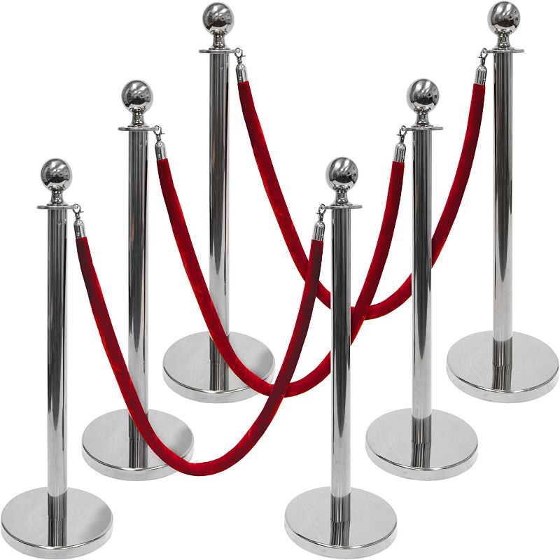 Photo 1 of 3-Foot Polished Ball Top Stanchions 6-pack | Includes 4.5-Foot Red Velvet Rope (Silver)
