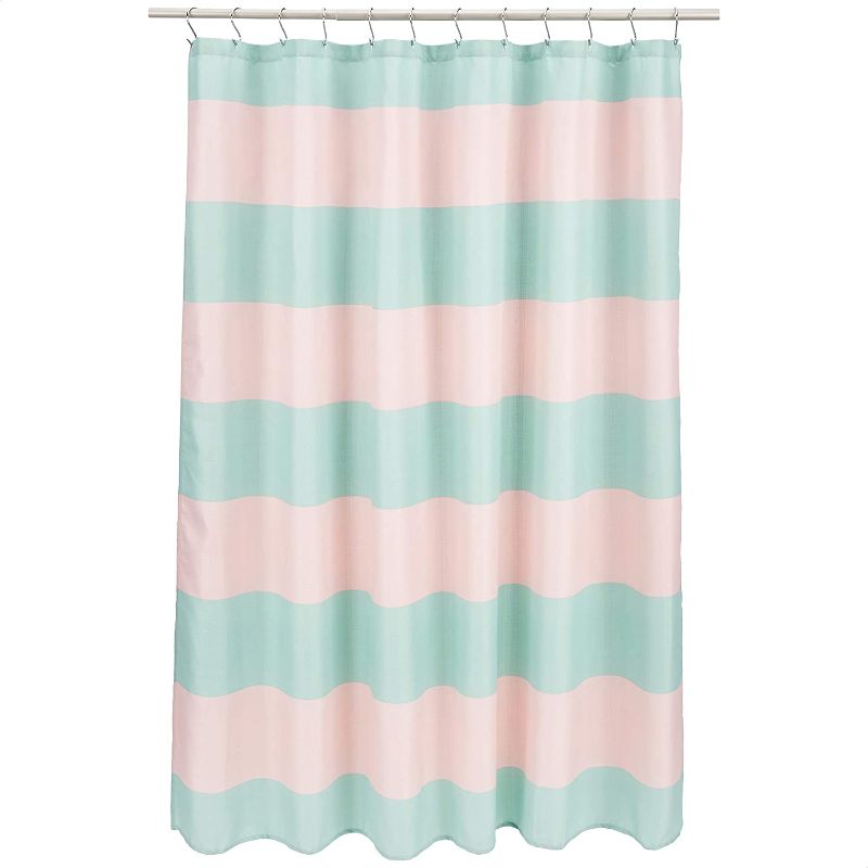 Photo 1 of Amazon Basics Fun and Playful Pink/Mint Rugby Stripe Printed Pattern Microfiber Bathroom Shower Curtain - Pink/Mint Rugby Stripe, 72 Inch
