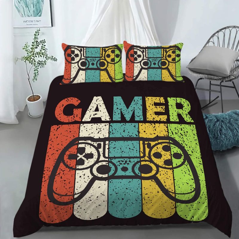 Photo 1 of AILONEN Gamer Bedding Sets for Boys, Gaming Duvet Cover Set Queen Size,Boys Video Games Comforter Cover,Playstation Designs Bed Set for Teen Boys Bedroom,Gamepad Controller,3 Piece with 2 Pillow Shams
