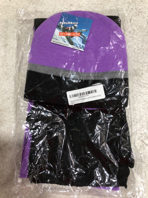 Photo 1 of SUBZEROS WOMEN'S 3 PIECE KNITTED BEANIE SCARF & GLOVE SET. PURPLE/BLACK. ONE SIZE. 