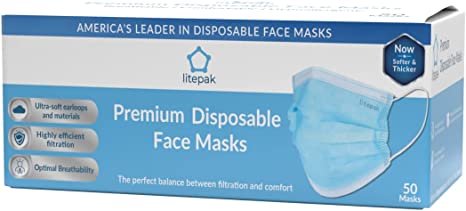 Photo 1 of 50pcs Litepak Disposable Face Mask Thickness Comfort Earloops (Sky Blue, 50 Masks (1 Box))
