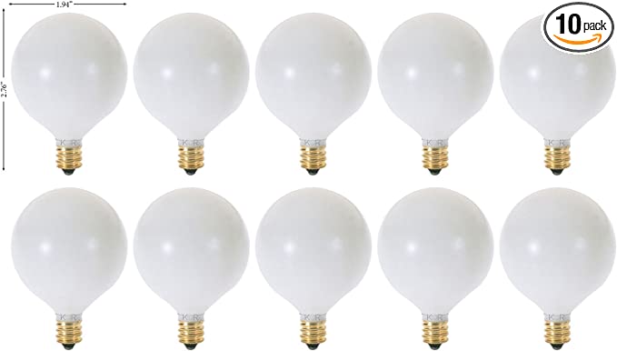Photo 1 of (Pack of 10) G16.5 White Finsh Decorative (E12) Candelabra Base Globe Shape Incandescent 120V G16 1/2 Light Bulbs (40)

