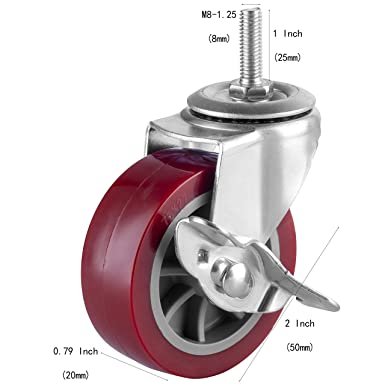 Photo 2 of 2 Inch Swivel Caster Wheels Set of 4, Locking Casters Heavy Duty Total Capacity 200lbs, Metric M8-1.25×25mm Threaded Stem PU Castors with Brake
