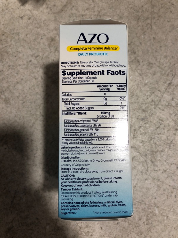 Photo 3 of AZO Complete Feminine Balance Daily Probiotics for Women, Clinically Proven to Help Protect Vaginal Health, Helps balance pH and yeast, 30 Count. 12/2023.
