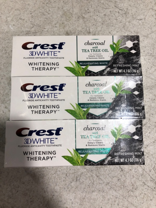 Photo 2 of Crest Charcoal 3D White Toothpaste, Whitening Therapy, with Tea Tree Oil, Refreshing Mint Flavor, 4.1 oz, Pack of 3
