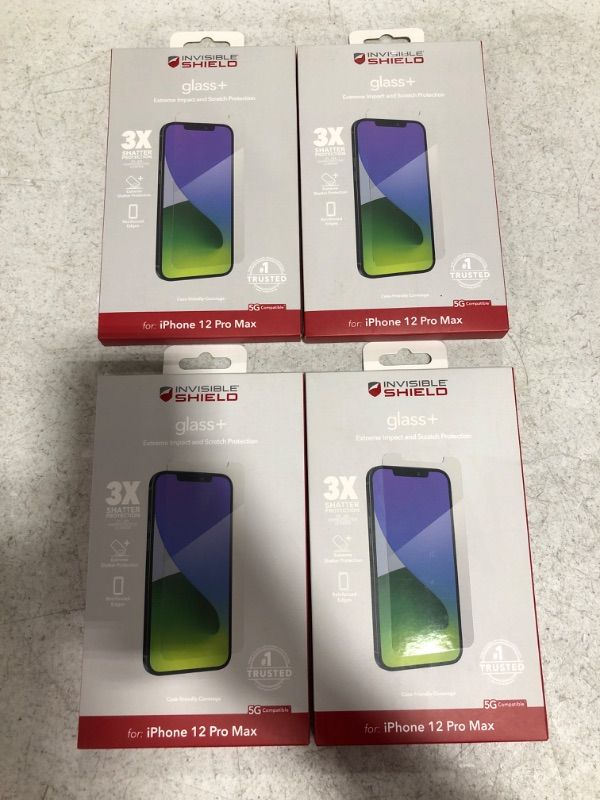 Photo 1 of LOT OF 4 ZAGG InvisibleShield Glass+ Screen Protector – High-Definition Tempered Glass Made for iPhone 12 Pro Max – Impact & Scratch Protection, Clear, 200106693

