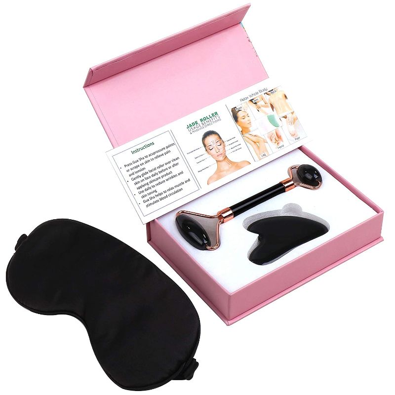 Photo 1 of Jade Roller & Gua Sha Face Roller Set | Natural Rose Quartz Skin Care Product for Face, Neck, Eye Puffiness, Anti-aging, Wrinkles | Skin MassagerTool With Free Sleeping Mask- Black, Includes Gift Box
