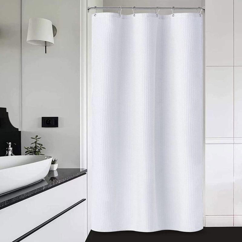 Photo 1 of Dynamene Stall Fabric Shower Curtain - Waffle Weave 36 Inches Small Half Size Heavy Duty Cloth Shower Curtains for Bathroom, 256GSM Narrow Hotel Bath Curtain Set with 6 Plastic Hooks(36Wx72H, White)
