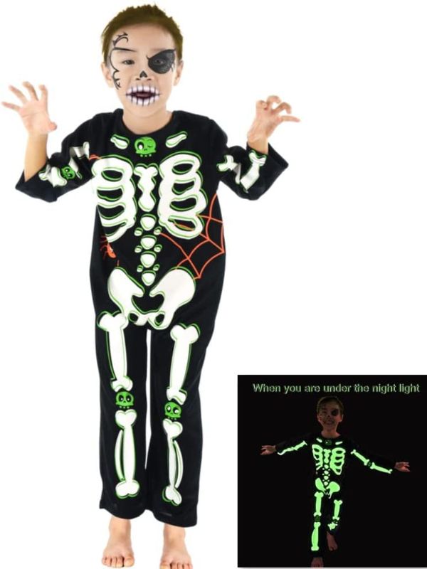 Photo 1 of 3-4 YEARS Kids Skelebone Costumes Halloween Costume Glow in The Dark Child White Bones Stretch Body Suit for Boys Girls
