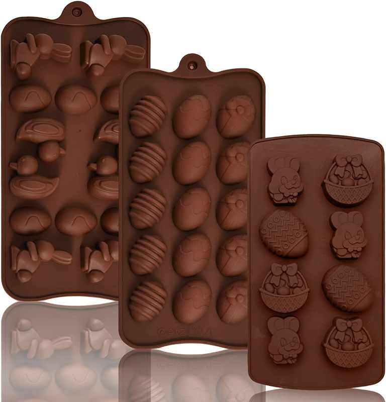 Photo 1 of CHAOMIC 3 Packs Easter Silicone Mold Chocolate Candy Easter Egg Bunny Duck Flower Molds for Party Jelly Ice Cube Home Baking Cupcake Decorations, 37 Cavities in Total

